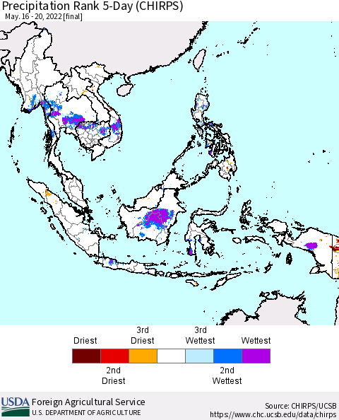 South East Asia Precipitation Rank since 1981, 5-Day (CHIRPS) Thematic Map For 5/16/2022 - 5/20/2022