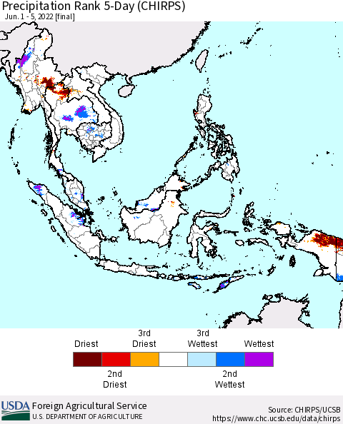 South East Asia Precipitation Rank since 1981, 5-Day (CHIRPS) Thematic Map For 6/1/2022 - 6/5/2022