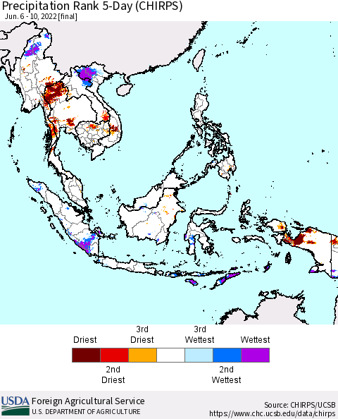 South East Asia Precipitation Rank since 1981, 5-Day (CHIRPS) Thematic Map For 6/6/2022 - 6/10/2022