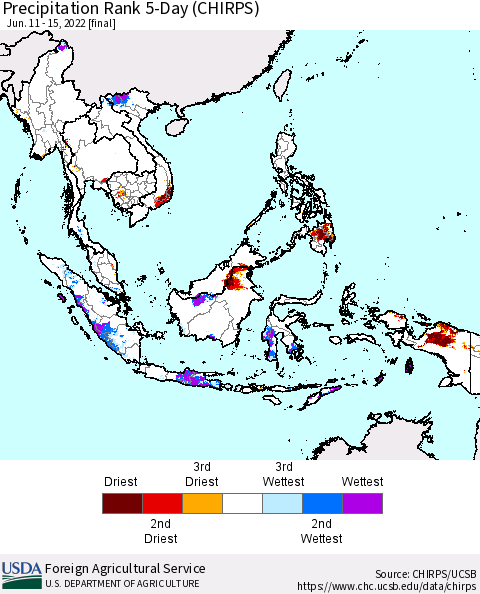 South East Asia Precipitation Rank since 1981, 5-Day (CHIRPS) Thematic Map For 6/11/2022 - 6/15/2022