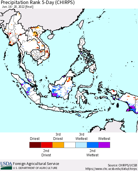 South East Asia Precipitation Rank since 1981, 5-Day (CHIRPS) Thematic Map For 6/16/2022 - 6/20/2022