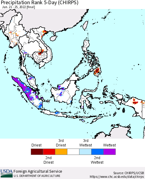 South East Asia Precipitation Rank since 1981, 5-Day (CHIRPS) Thematic Map For 6/21/2022 - 6/25/2022