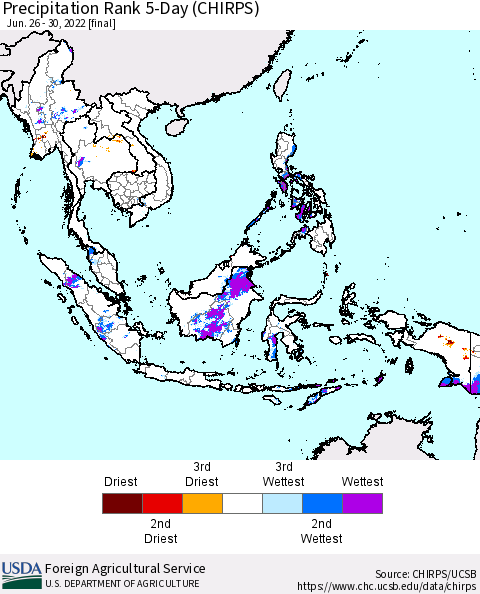 South East Asia Precipitation Rank since 1981, 5-Day (CHIRPS) Thematic Map For 6/26/2022 - 6/30/2022