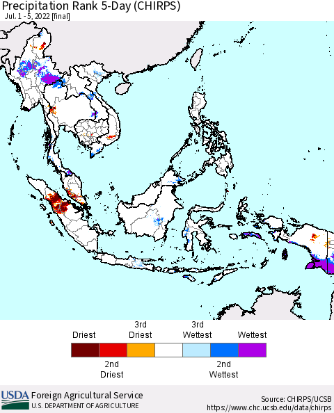 South East Asia Precipitation Rank since 1981, 5-Day (CHIRPS) Thematic Map For 7/1/2022 - 7/5/2022