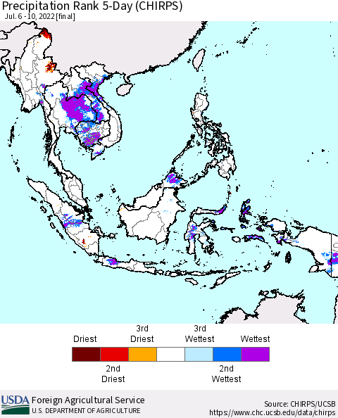 South East Asia Precipitation Rank since 1981, 5-Day (CHIRPS) Thematic Map For 7/6/2022 - 7/10/2022