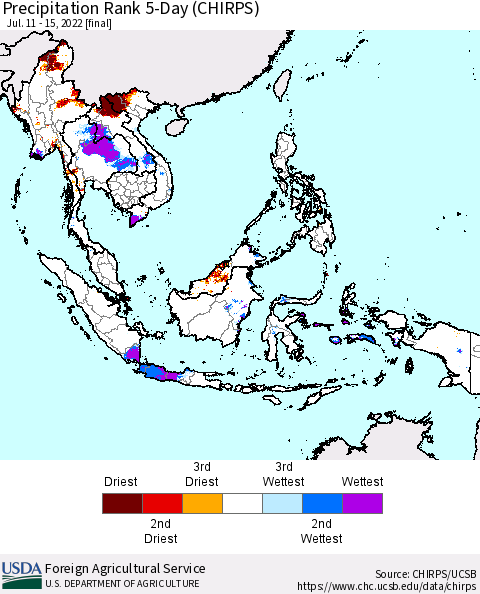 South East Asia Precipitation Rank since 1981, 5-Day (CHIRPS) Thematic Map For 7/11/2022 - 7/15/2022