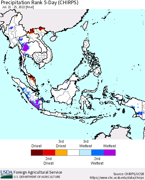 South East Asia Precipitation Rank since 1981, 5-Day (CHIRPS) Thematic Map For 7/21/2022 - 7/25/2022