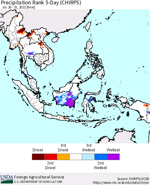 South East Asia Precipitation Rank since 1981, 5-Day (CHIRPS) Thematic Map For 7/26/2022 - 7/31/2022