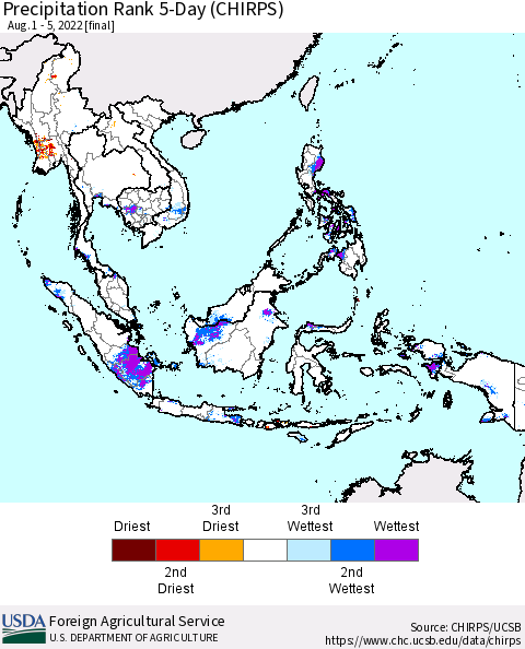 South East Asia Precipitation Rank since 1981, 5-Day (CHIRPS) Thematic Map For 8/1/2022 - 8/5/2022
