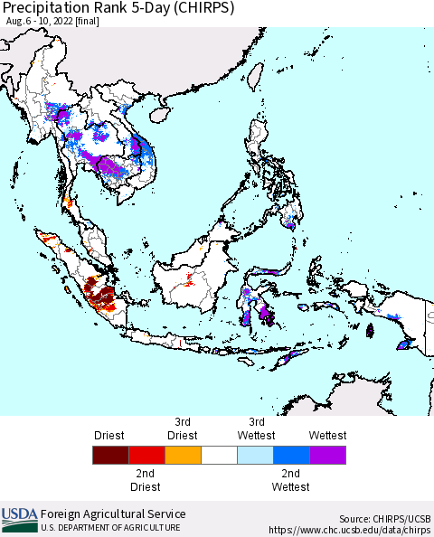 South East Asia Precipitation Rank since 1981, 5-Day (CHIRPS) Thematic Map For 8/6/2022 - 8/10/2022