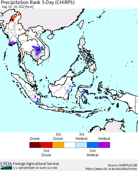 South East Asia Precipitation Rank since 1981, 5-Day (CHIRPS) Thematic Map For 8/16/2022 - 8/20/2022