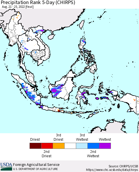 South East Asia Precipitation Rank since 1981, 5-Day (CHIRPS) Thematic Map For 8/21/2022 - 8/25/2022