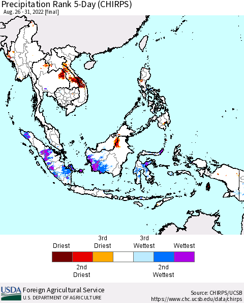 South East Asia Precipitation Rank since 1981, 5-Day (CHIRPS) Thematic Map For 8/26/2022 - 8/31/2022