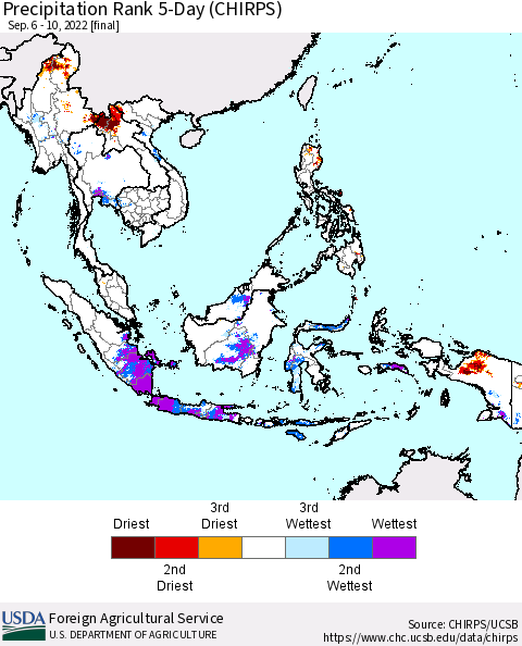 South East Asia Precipitation Rank since 1981, 5-Day (CHIRPS) Thematic Map For 9/6/2022 - 9/10/2022