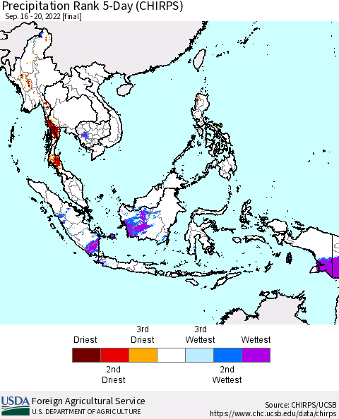 South East Asia Precipitation Rank since 1981, 5-Day (CHIRPS) Thematic Map For 9/16/2022 - 9/20/2022