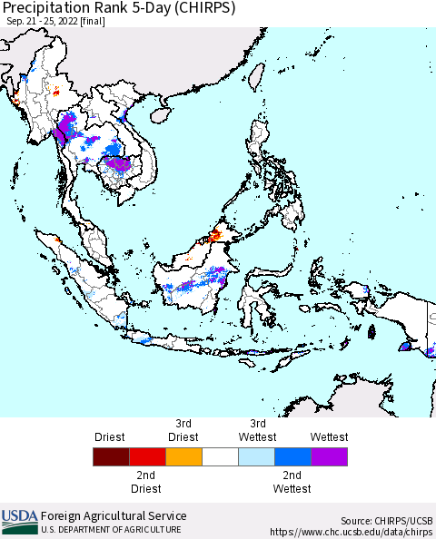 South East Asia Precipitation Rank since 1981, 5-Day (CHIRPS) Thematic Map For 9/21/2022 - 9/25/2022