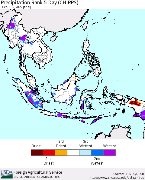 South East Asia Precipitation Rank since 1981, 5-Day (CHIRPS) Thematic Map For 10/1/2022 - 10/5/2022