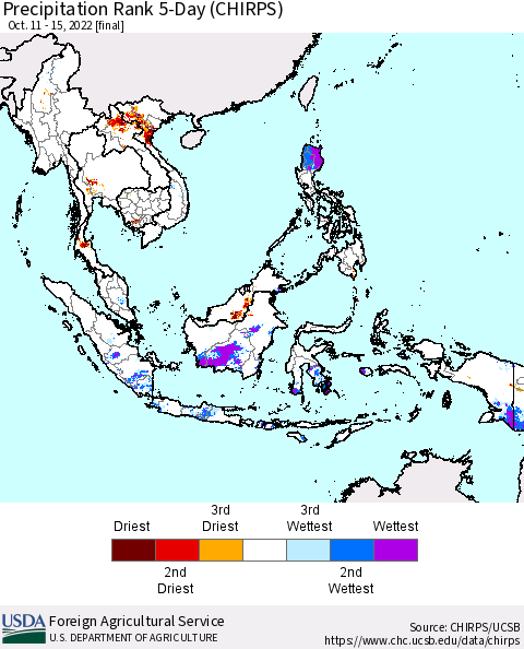 South East Asia Precipitation Rank since 1981, 5-Day (CHIRPS) Thematic Map For 10/11/2022 - 10/15/2022