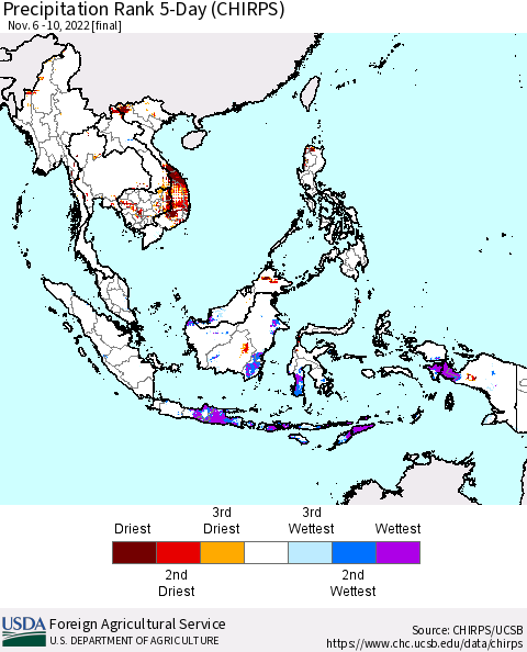 South East Asia Precipitation Rank since 1981, 5-Day (CHIRPS) Thematic Map For 11/6/2022 - 11/10/2022