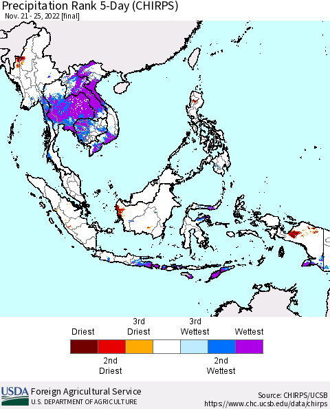 South East Asia Precipitation Rank since 1981, 5-Day (CHIRPS) Thematic Map For 11/21/2022 - 11/25/2022