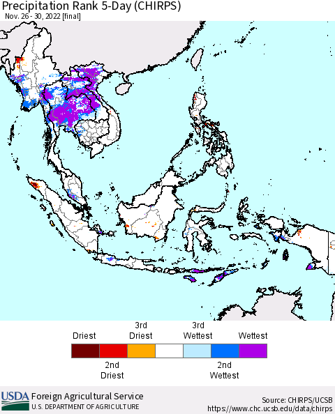 South East Asia Precipitation Rank since 1981, 5-Day (CHIRPS) Thematic Map For 11/26/2022 - 11/30/2022
