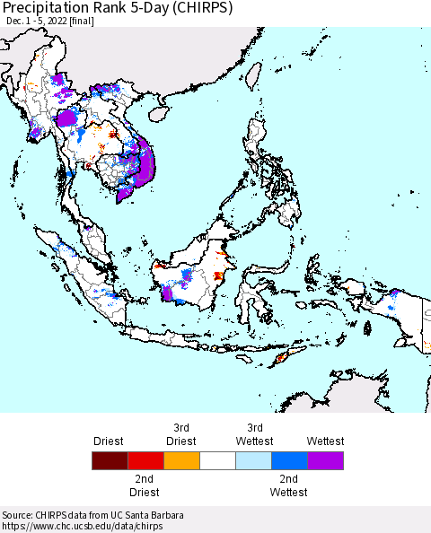 South East Asia Precipitation Rank since 1981, 5-Day (CHIRPS) Thematic Map For 12/1/2022 - 12/5/2022