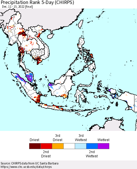 South East Asia Precipitation Rank since 1981, 5-Day (CHIRPS) Thematic Map For 12/11/2022 - 12/15/2022