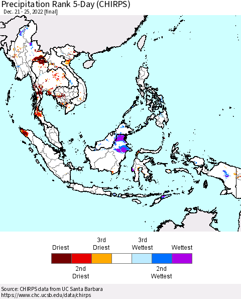 South East Asia Precipitation Rank since 1981, 5-Day (CHIRPS) Thematic Map For 12/21/2022 - 12/25/2022