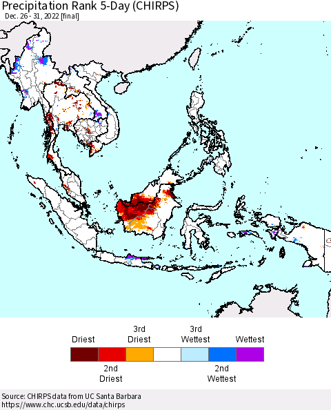 South East Asia Precipitation Rank since 1981, 5-Day (CHIRPS) Thematic Map For 12/26/2022 - 12/31/2022