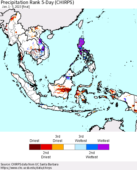 South East Asia Precipitation Rank since 1981, 5-Day (CHIRPS) Thematic Map For 1/1/2023 - 1/5/2023