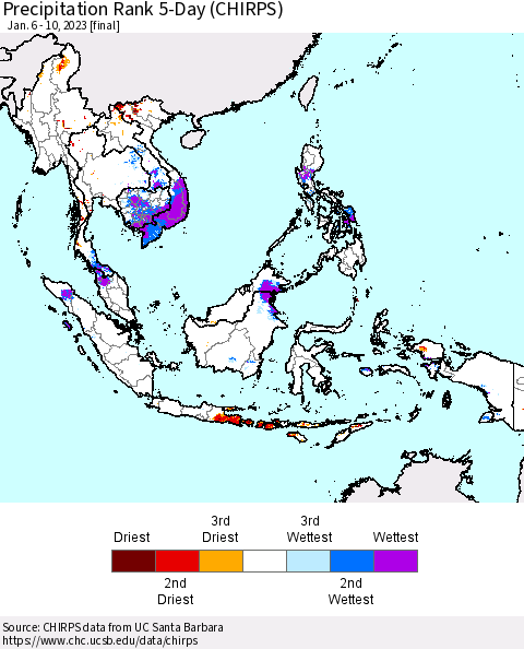 South East Asia Precipitation Rank since 1981, 5-Day (CHIRPS) Thematic Map For 1/6/2023 - 1/10/2023