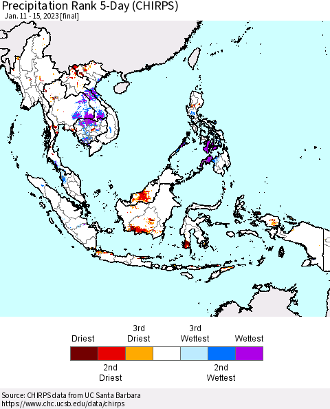 South East Asia Precipitation Rank since 1981, 5-Day (CHIRPS) Thematic Map For 1/11/2023 - 1/15/2023