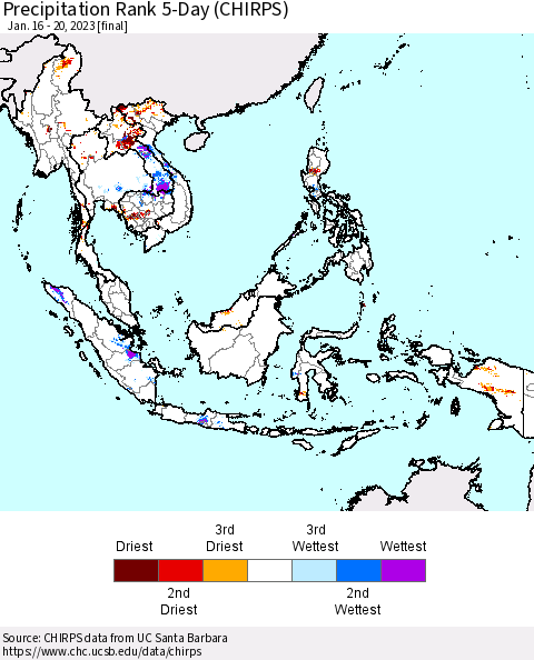 South East Asia Precipitation Rank since 1981, 5-Day (CHIRPS) Thematic Map For 1/16/2023 - 1/20/2023