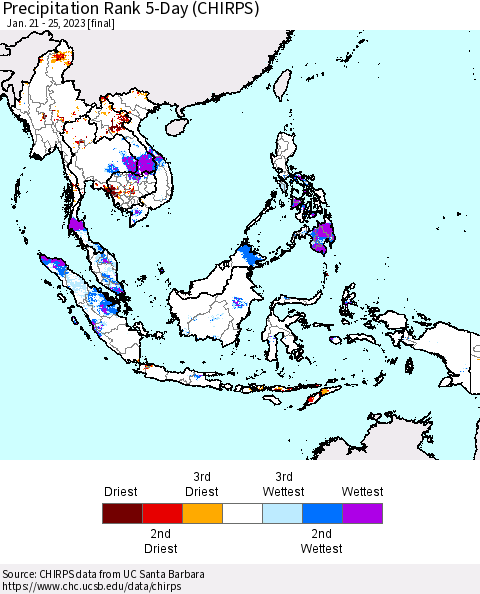 South East Asia Precipitation Rank since 1981, 5-Day (CHIRPS) Thematic Map For 1/21/2023 - 1/25/2023