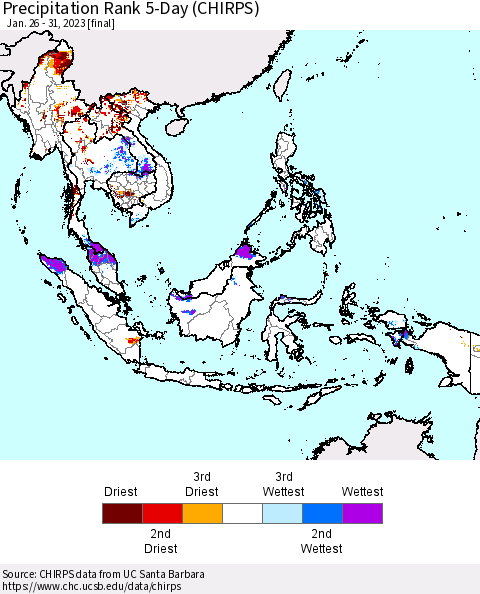 South East Asia Precipitation Rank since 1981, 5-Day (CHIRPS) Thematic Map For 1/26/2023 - 1/31/2023