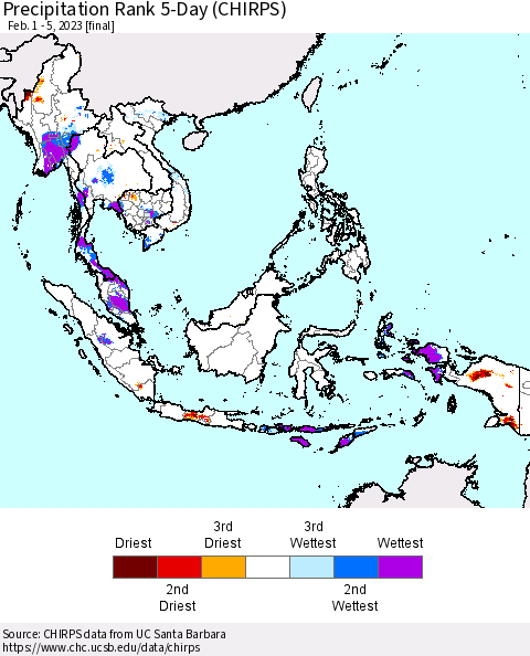 South East Asia Precipitation Rank since 1981, 5-Day (CHIRPS) Thematic Map For 2/1/2023 - 2/5/2023