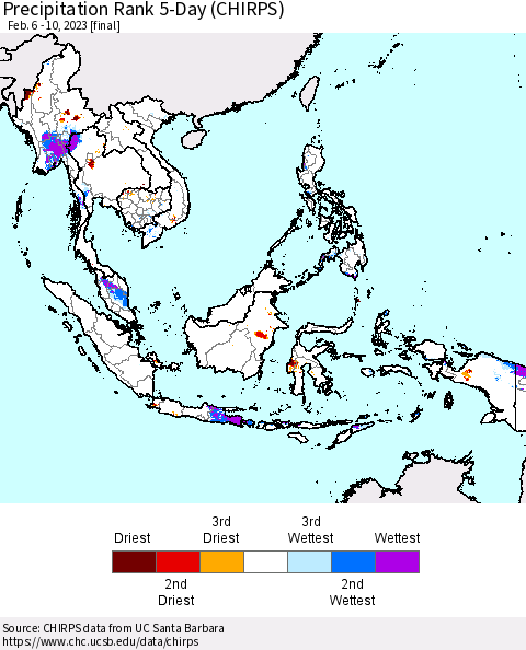 South East Asia Precipitation Rank since 1981, 5-Day (CHIRPS) Thematic Map For 2/6/2023 - 2/10/2023