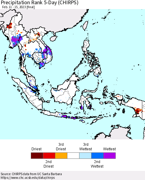 South East Asia Precipitation Rank since 1981, 5-Day (CHIRPS) Thematic Map For 2/11/2023 - 2/15/2023