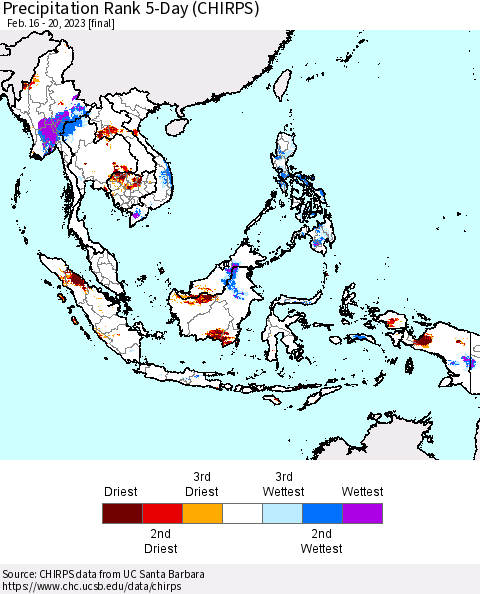 South East Asia Precipitation Rank since 1981, 5-Day (CHIRPS) Thematic Map For 2/16/2023 - 2/20/2023