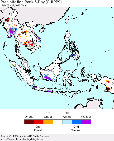 South East Asia Precipitation Rank since 1981, 5-Day (CHIRPS) Thematic Map For 2/21/2023 - 2/25/2023