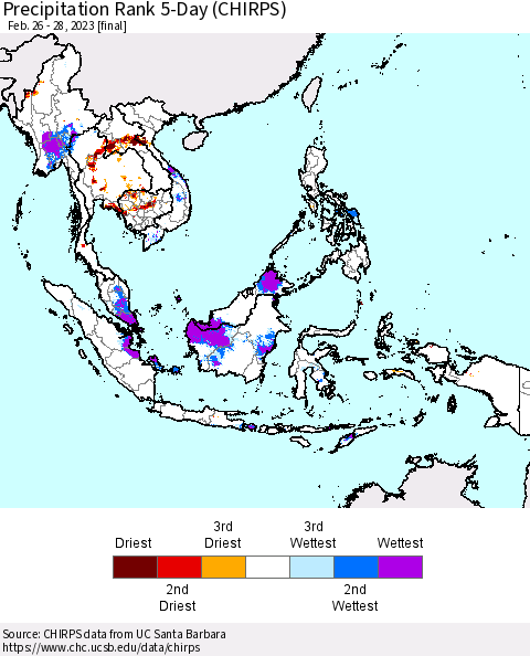 South East Asia Precipitation Rank since 1981, 5-Day (CHIRPS) Thematic Map For 2/26/2023 - 2/28/2023