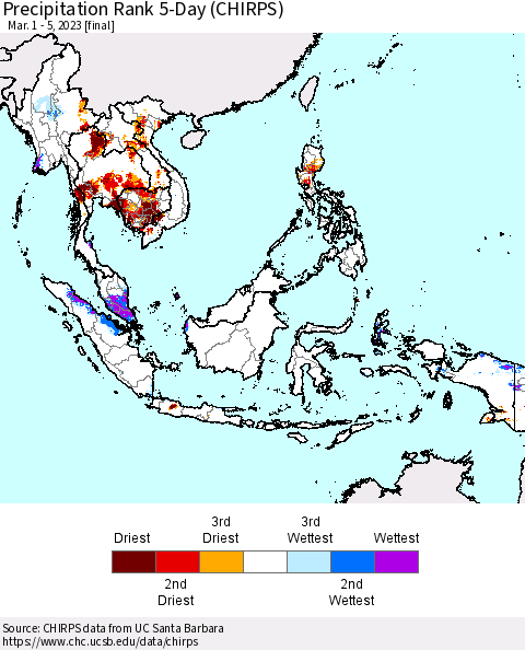 South East Asia Precipitation Rank since 1981, 5-Day (CHIRPS) Thematic Map For 3/1/2023 - 3/5/2023