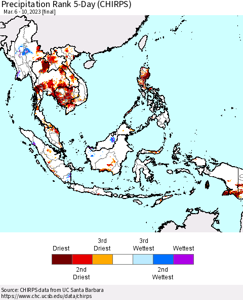 South East Asia Precipitation Rank since 1981, 5-Day (CHIRPS) Thematic Map For 3/6/2023 - 3/10/2023