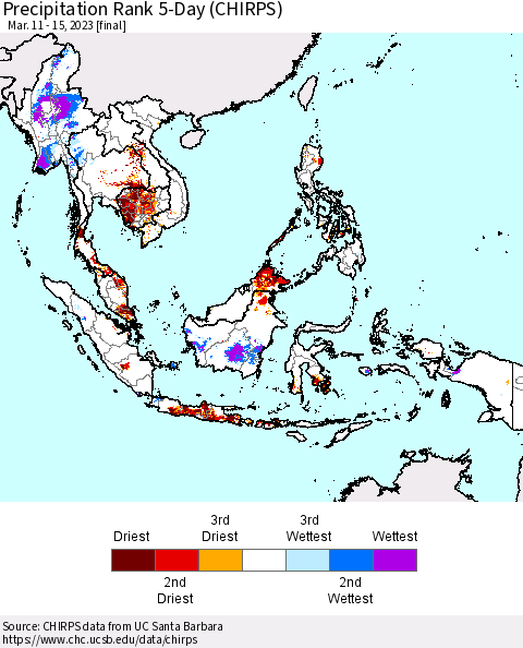 South East Asia Precipitation Rank since 1981, 5-Day (CHIRPS) Thematic Map For 3/11/2023 - 3/15/2023