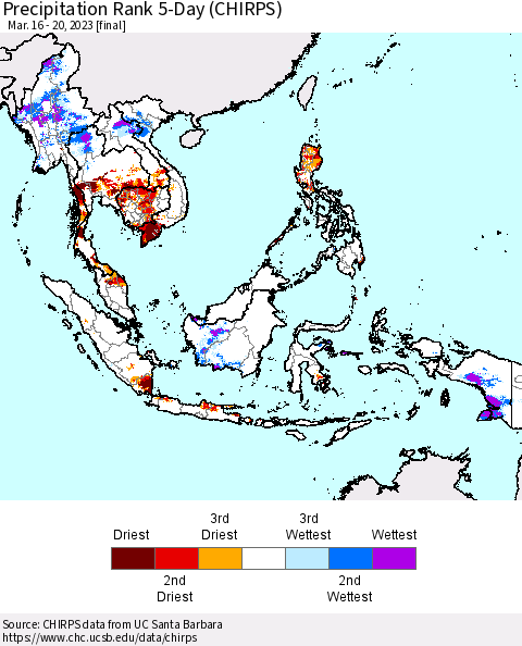 South East Asia Precipitation Rank since 1981, 5-Day (CHIRPS) Thematic Map For 3/16/2023 - 3/20/2023