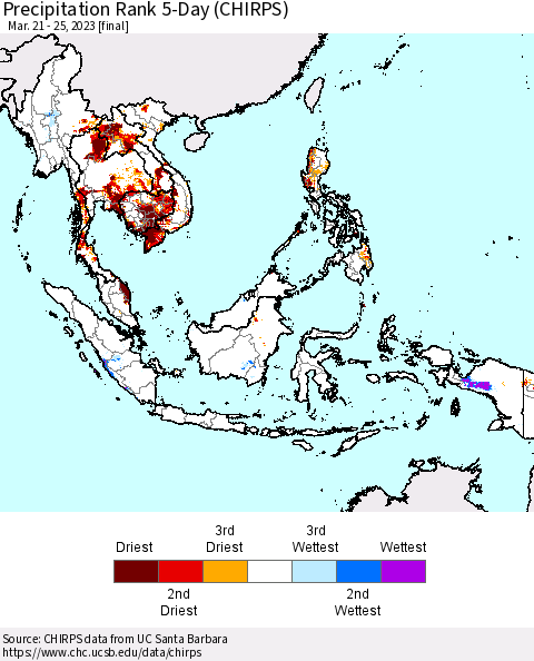 South East Asia Precipitation Rank since 1981, 5-Day (CHIRPS) Thematic Map For 3/21/2023 - 3/25/2023