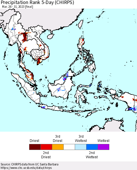 South East Asia Precipitation Rank since 1981, 5-Day (CHIRPS) Thematic Map For 3/26/2023 - 3/31/2023