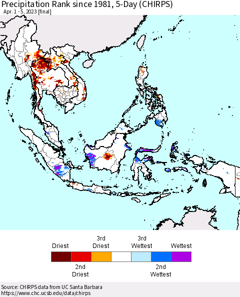 South East Asia Precipitation Rank since 1981, 5-Day (CHIRPS) Thematic Map For 4/1/2023 - 4/5/2023