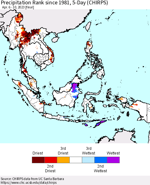South East Asia Precipitation Rank since 1981, 5-Day (CHIRPS) Thematic Map For 4/6/2023 - 4/10/2023