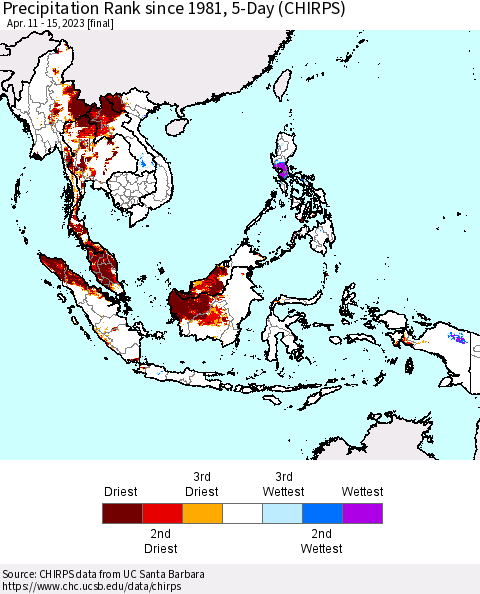 South East Asia Precipitation Rank since 1981, 5-Day (CHIRPS) Thematic Map For 4/11/2023 - 4/15/2023